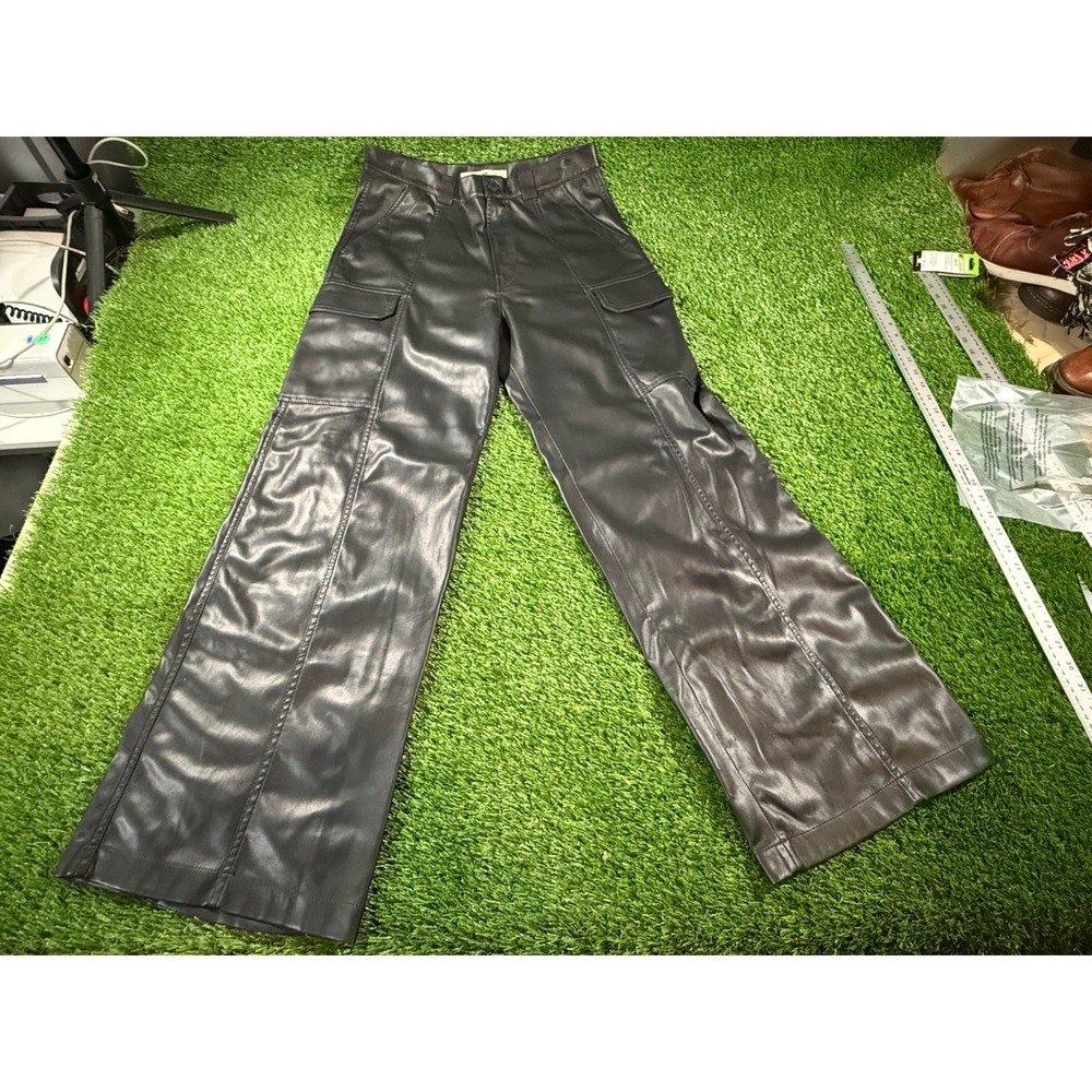 Womens Hudson Black Vegan Leather Pants Wide Leg‎ High Rise Cargo Pockets
